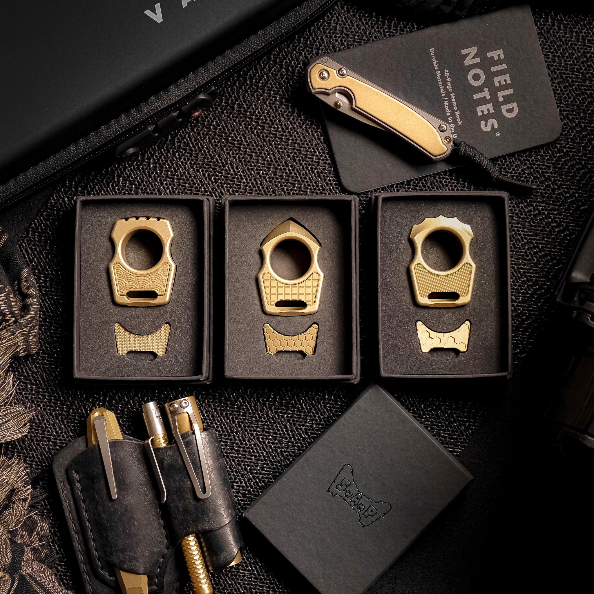 Set of Brass Swampy Alligator EDC Keychain & Replaceable Brass Diagonal Lines Pattern Inlay