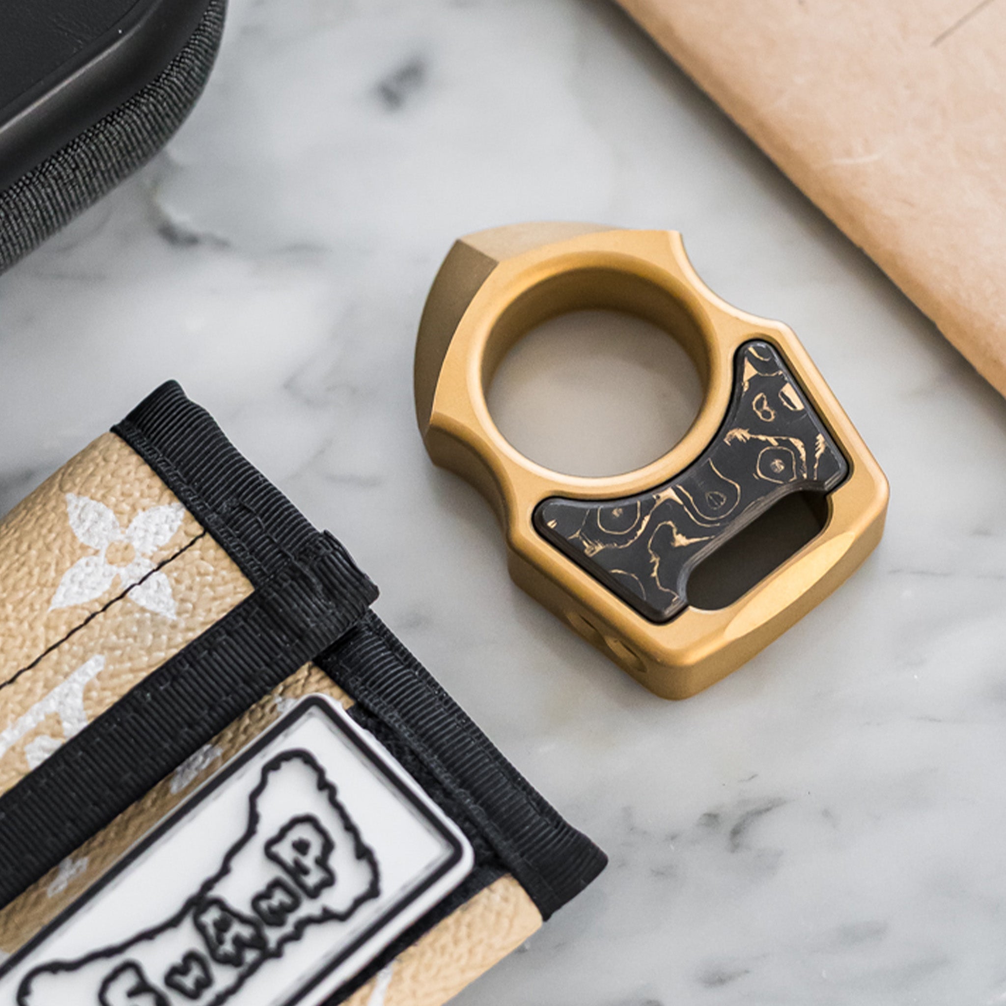 Set of Brass Custom Keychain Swampy Shark & Replaceable Carbon Fiber Gold Camo Inlay