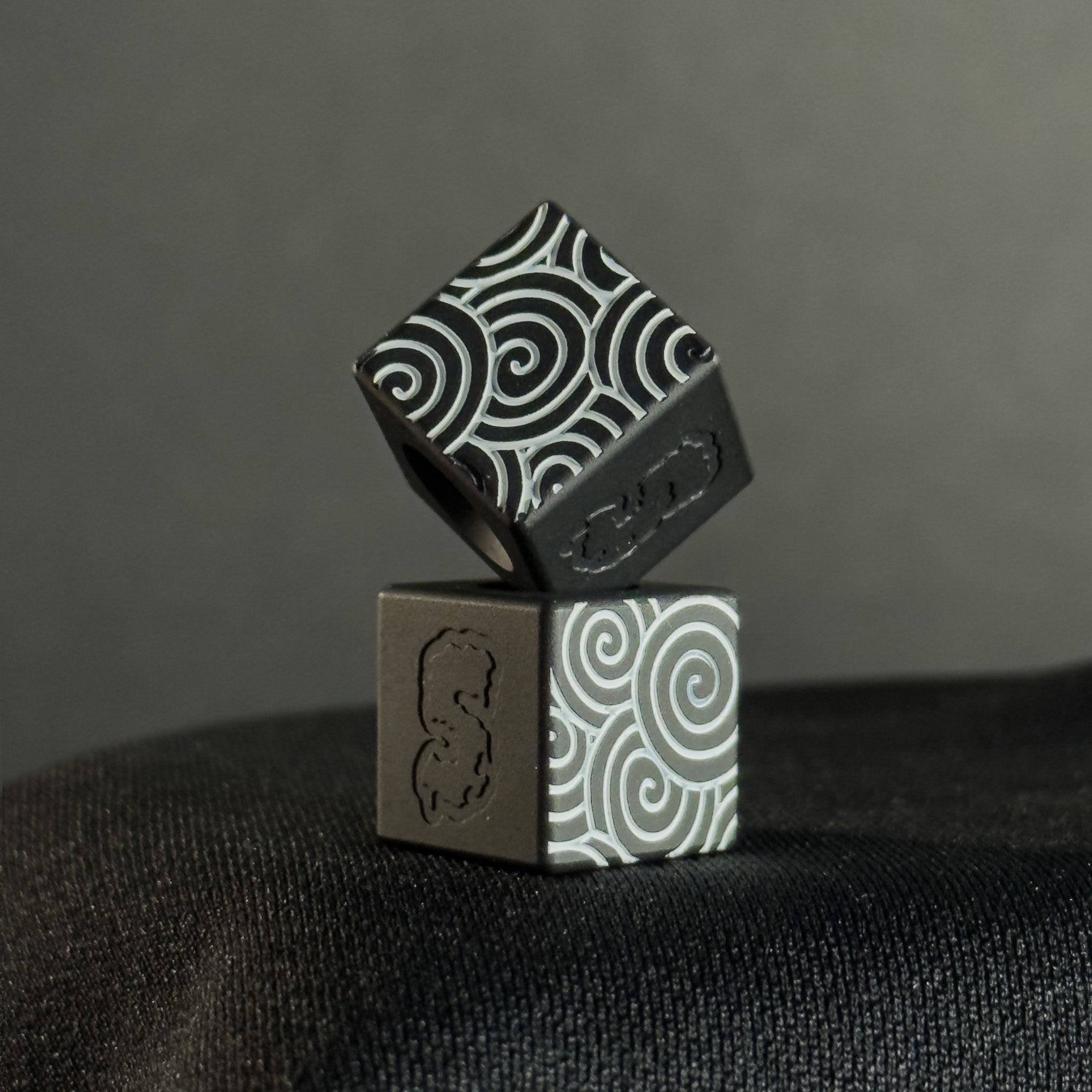 Knife Lanyard Bead — Cube, White Japanese Pattern in Armor Black Cerakote
