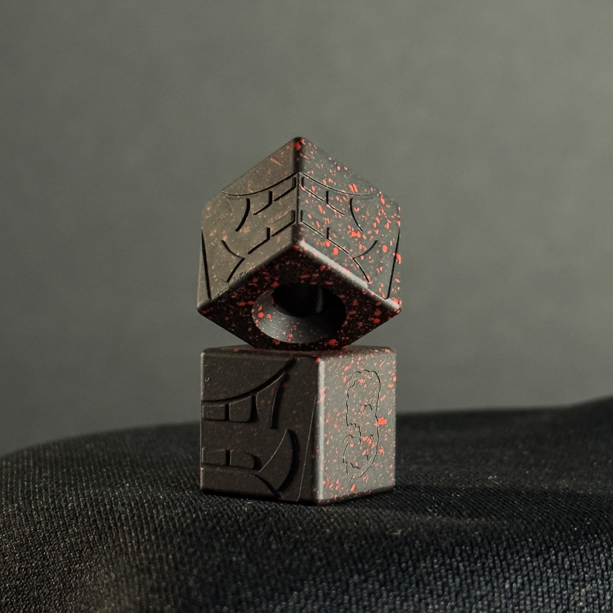 Cube Paracord Bead — Mengu Mempo Pattern in Armor Black/Red Splatter Cerakote