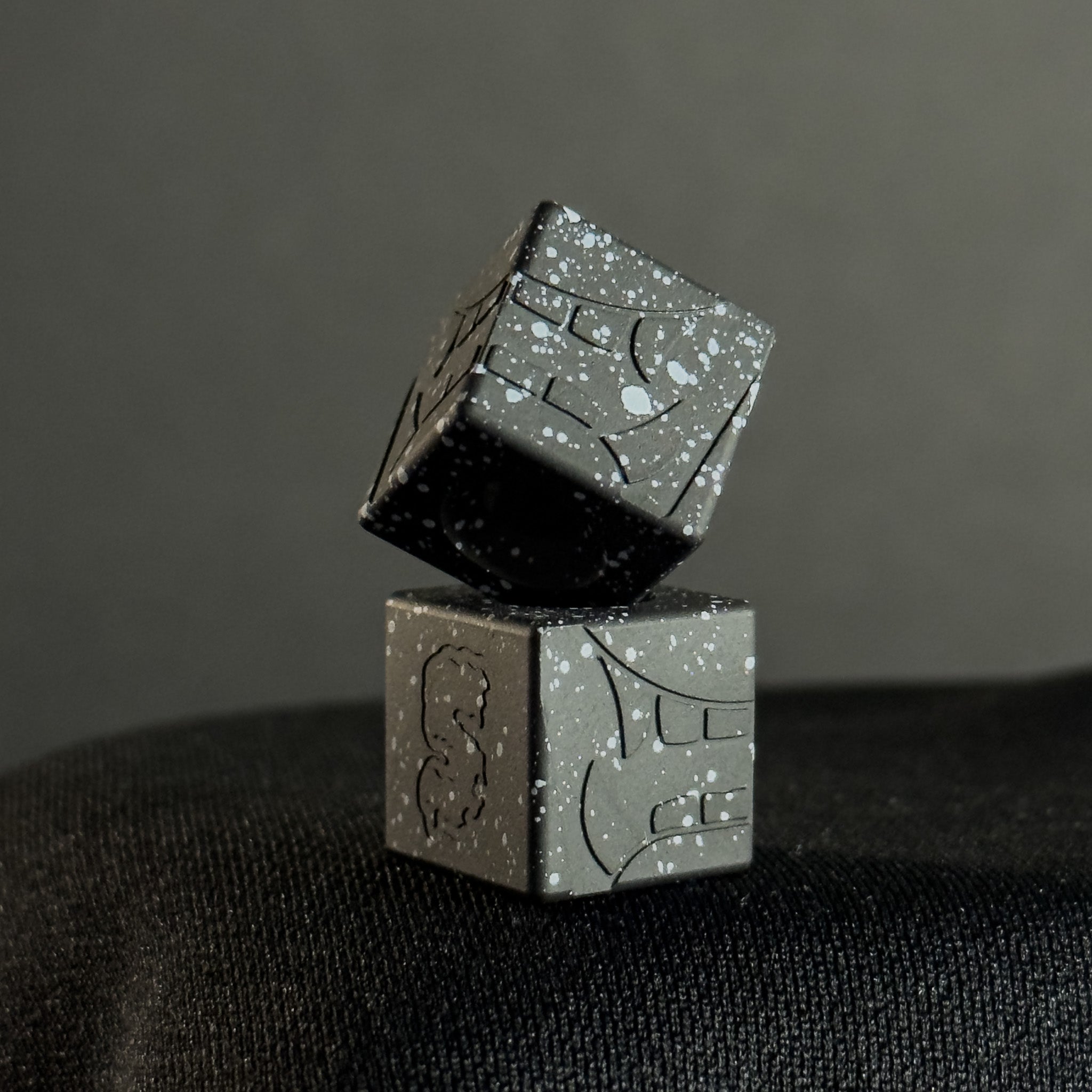 EDC Bead — Cube, Mengu Mempo Pattern in Armor Black/White Splatter Cerakote