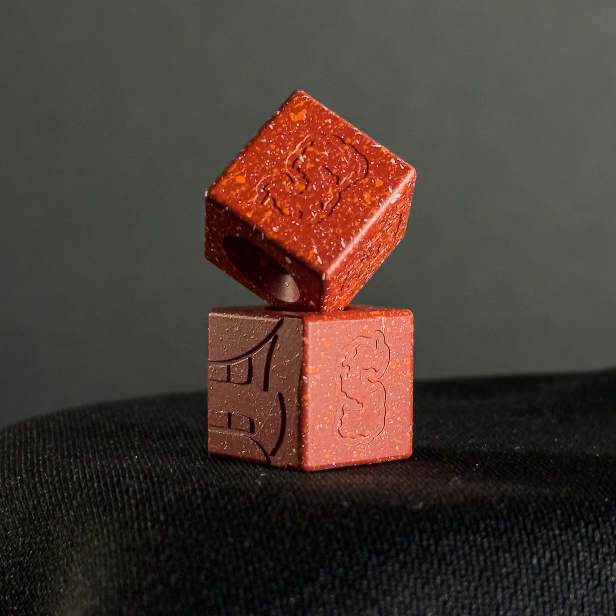 Knife Lanyard Bead — Cube, Mengu Mempo Pattern in Firehouse Red Splatter Cerakote
