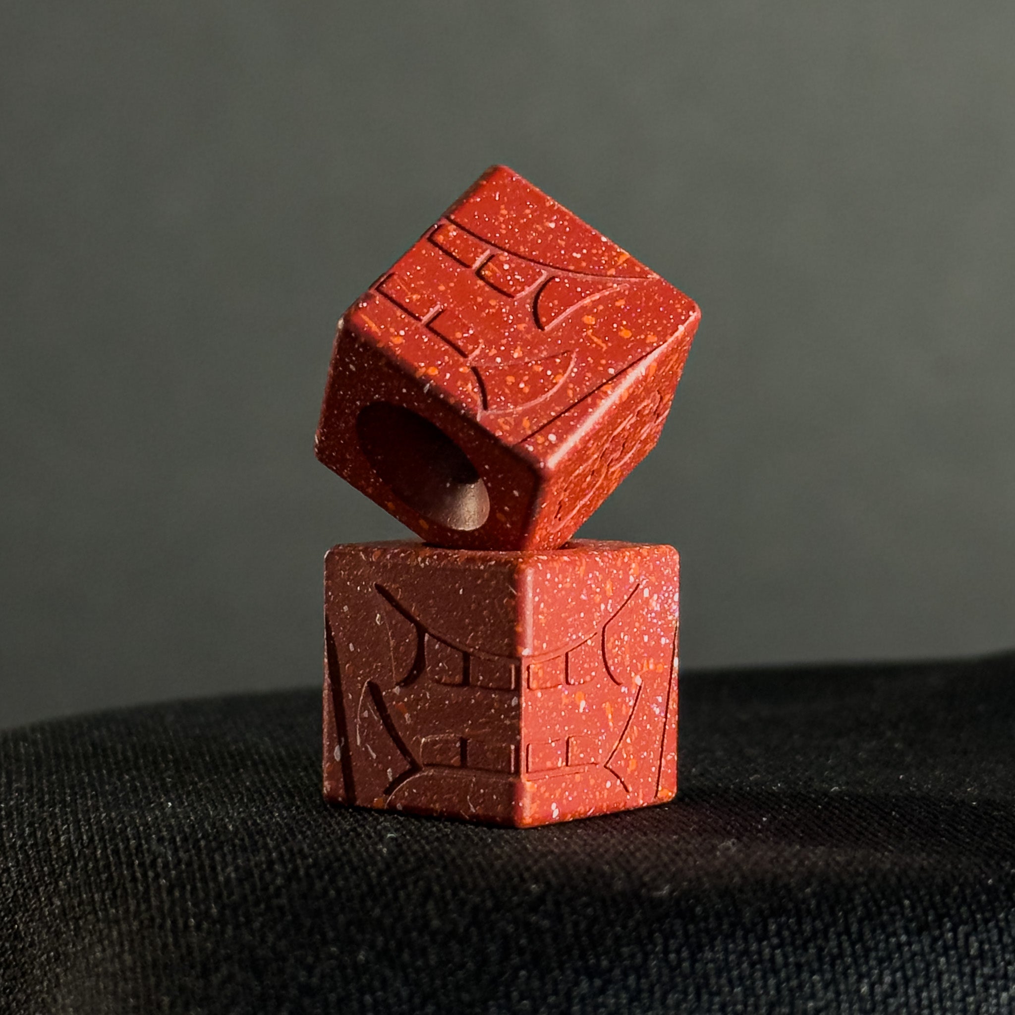 Knife Lanyard Bead — Cube, Mengu Mempo Pattern in Firehouse Red Splatter Cerakote