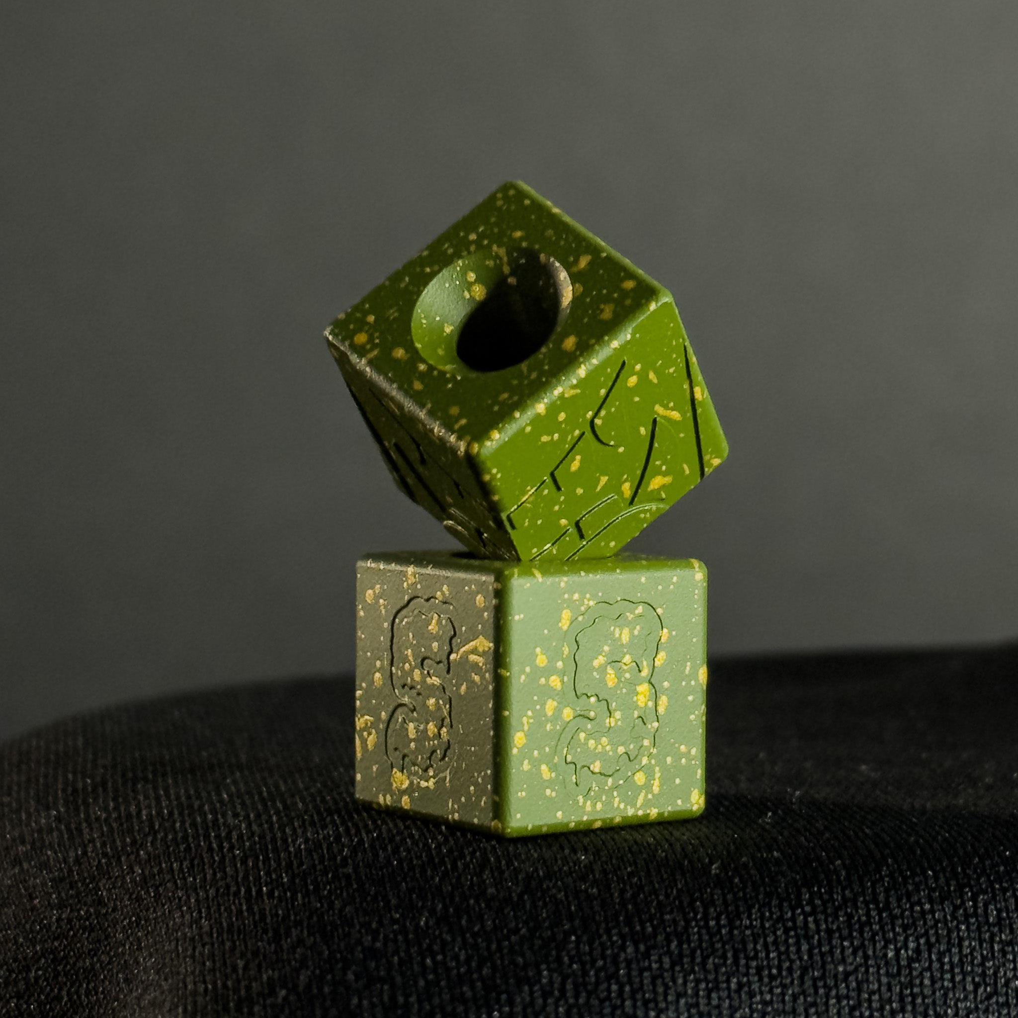 Lanyard Bead — Cube, Mengu Mempo Pattern in MultiCam Bright Green/Gold Splatter Cerakote
