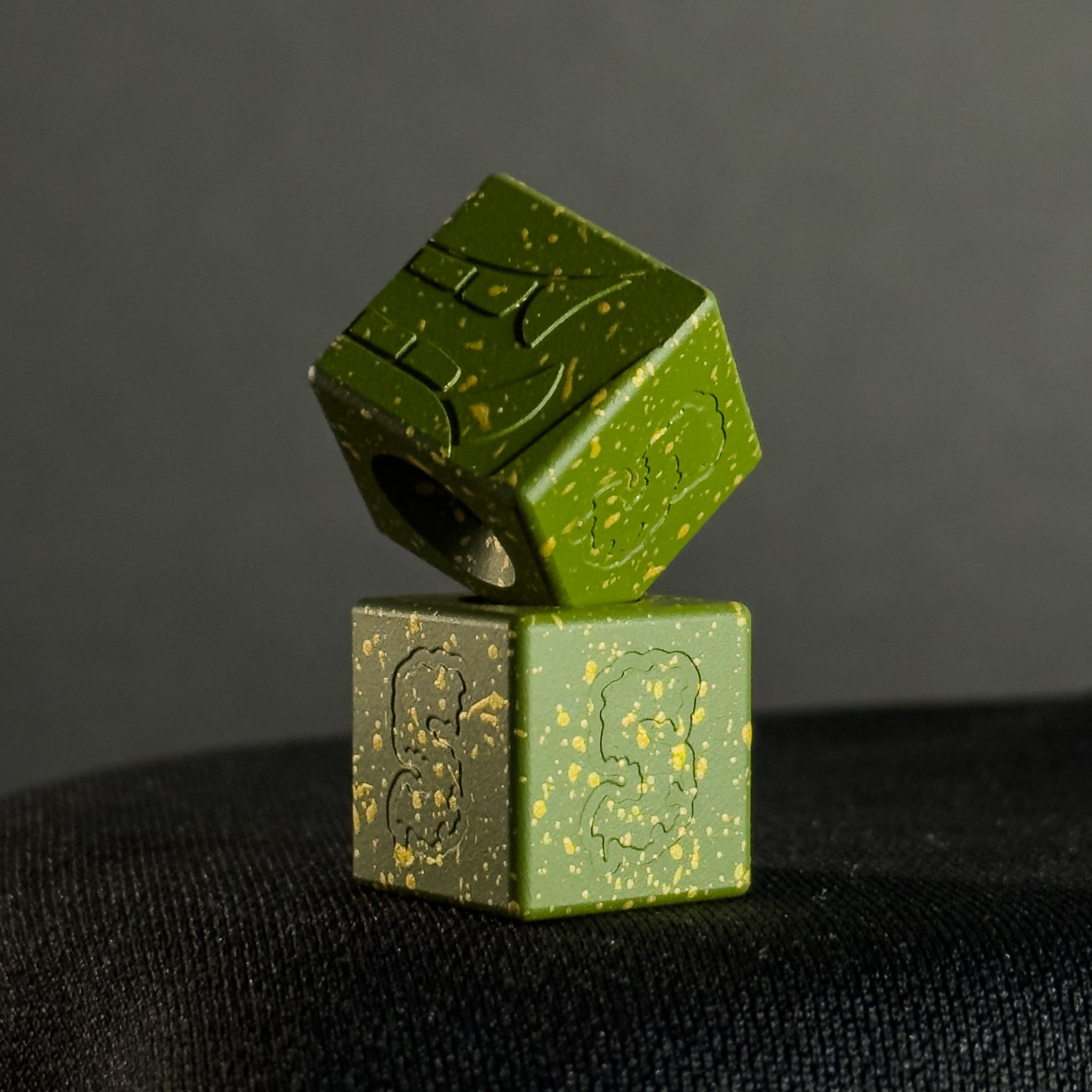 Lanyard Bead — Cube, Mengu Mempo Pattern in MultiCam Bright Green/Gold Splatter Cerakote