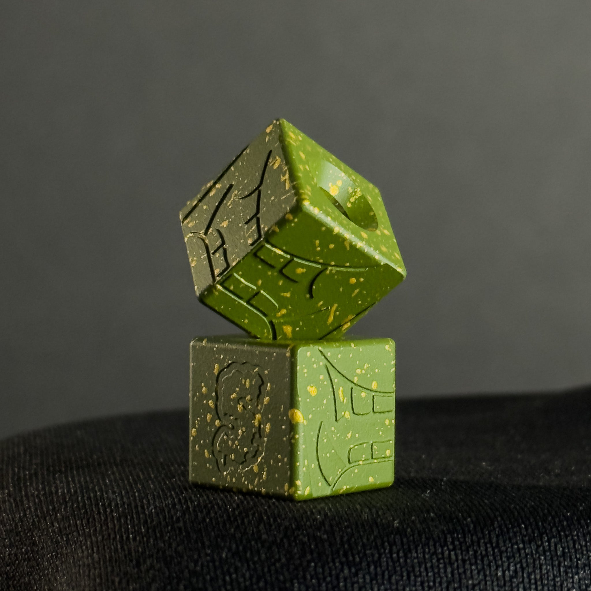 Lanyard Bead — Cube, Mengu Mempo Pattern in MultiCam Bright Green/Gold Splatter Cerakote
