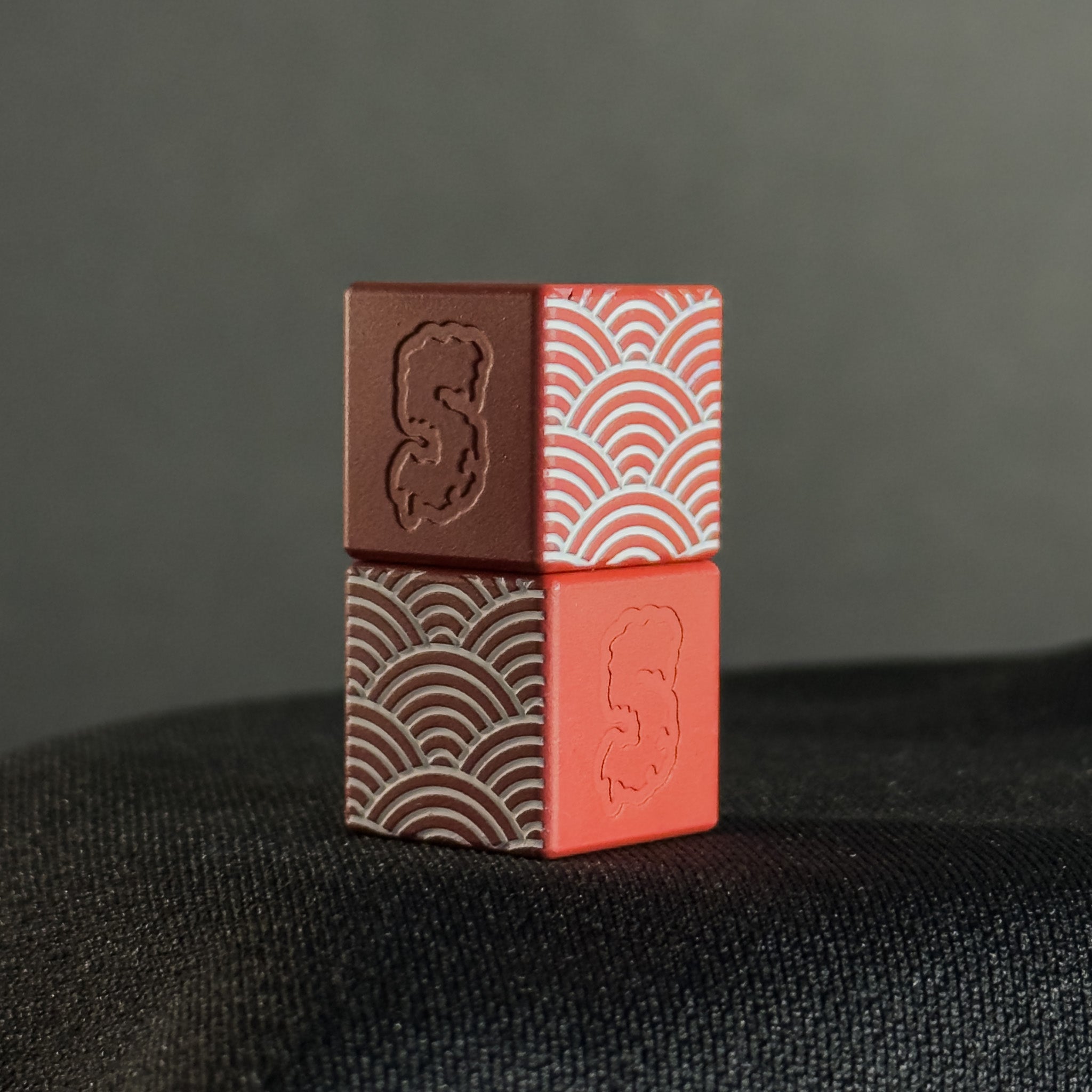 EDC Bead โ Cube, White Seigaiha Pattern in Firehouse Red Cerakote