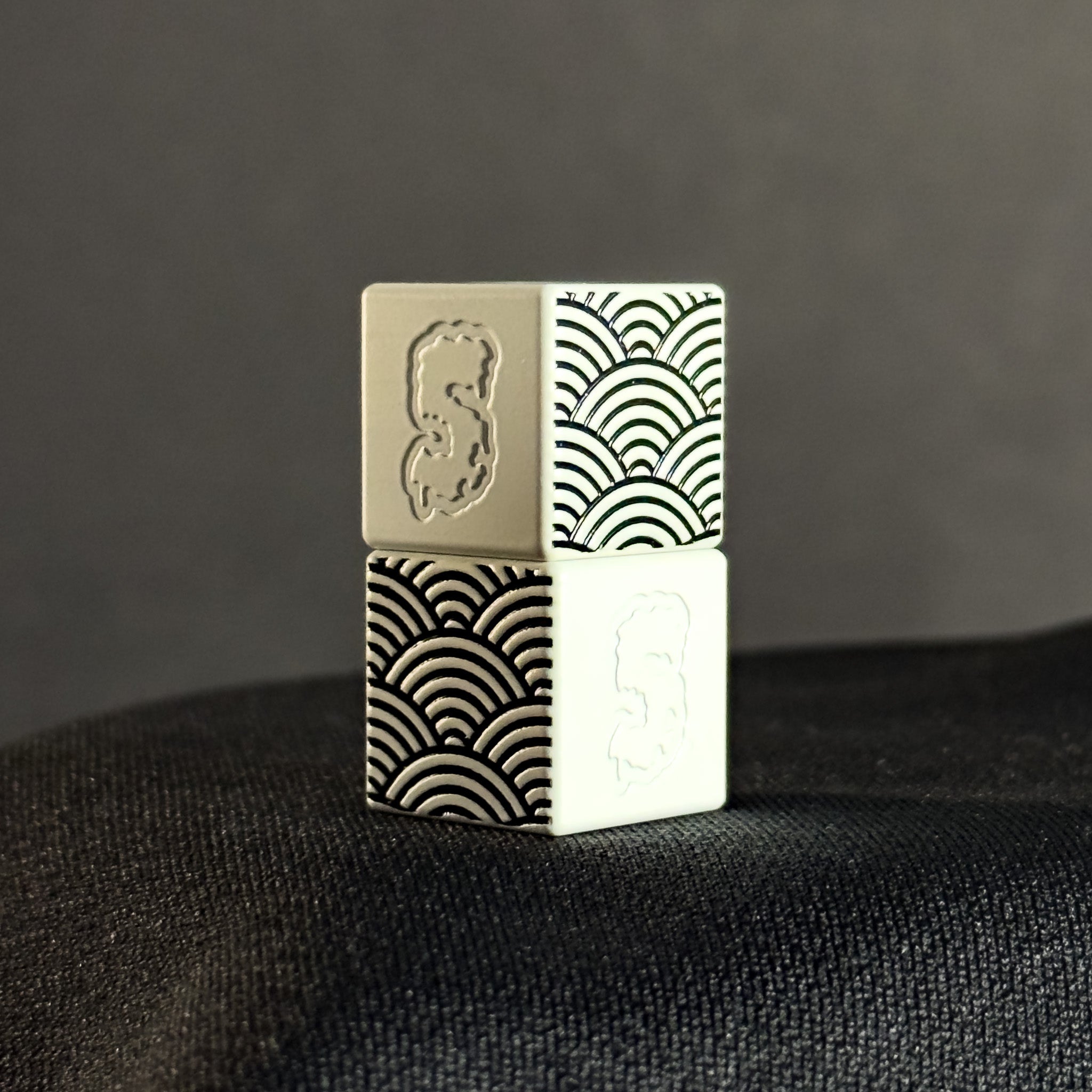Knife Lanyard Bead — Cube, Black Seigaiha Pattern in Snow White Cerakote