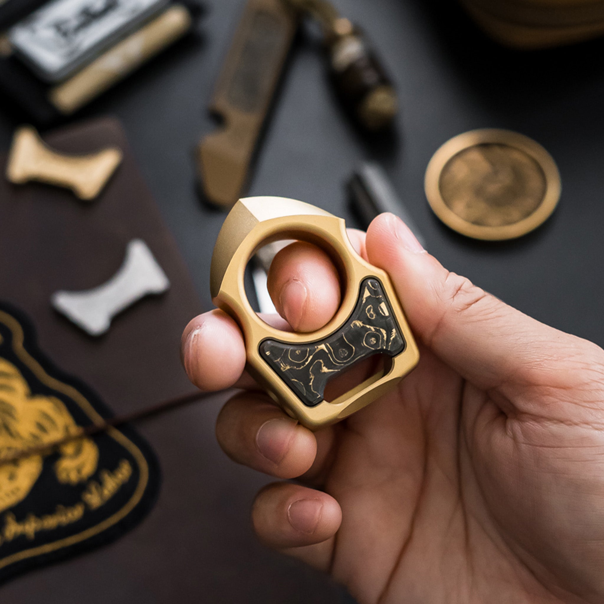 Brass Custom Keychain 🦈 Swampy Shark & Carbon Fiber Gold Camo Inlay