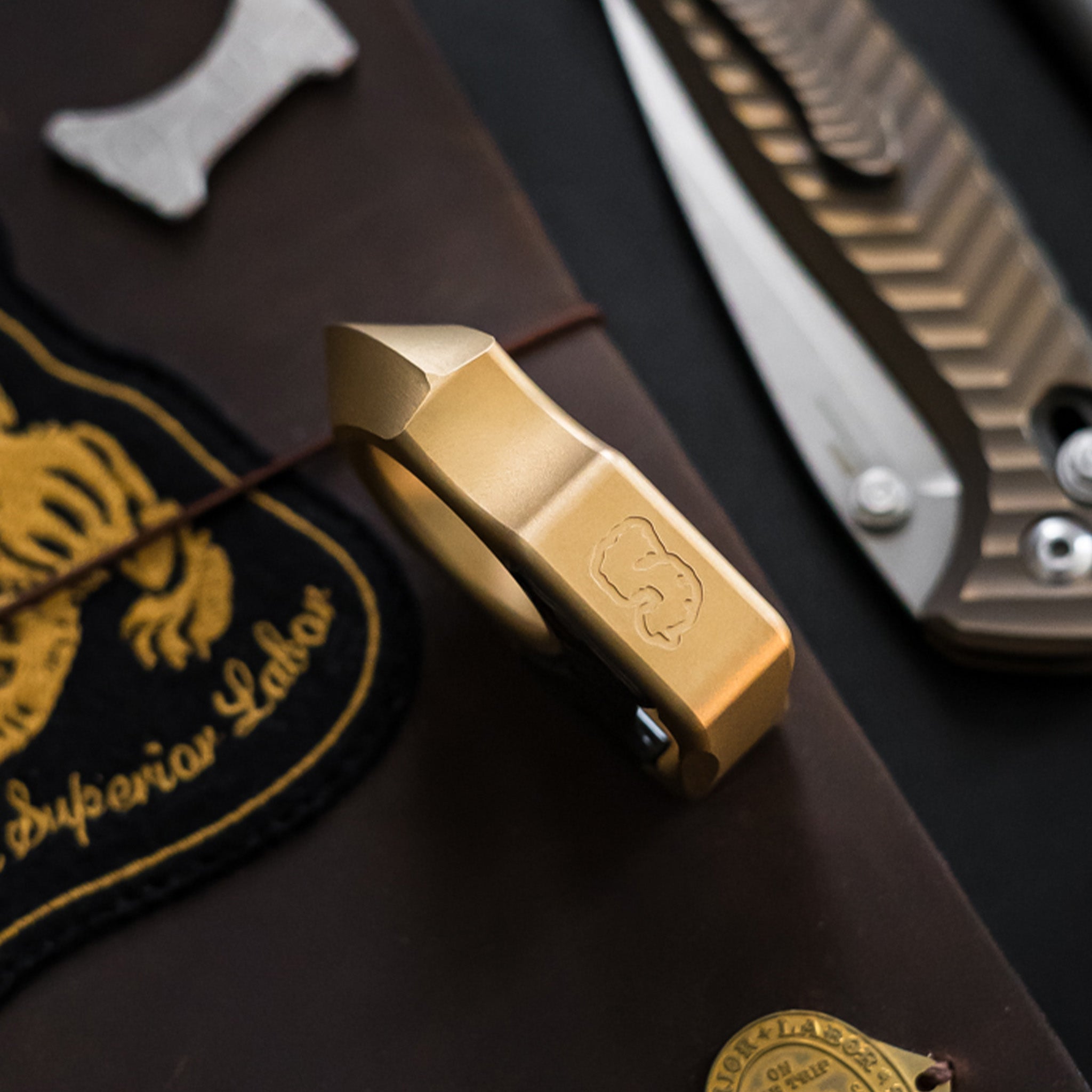 Set of Brass Custom Keychain Swampy Shark & Replaceable Carbon Fiber Gold Camo Inlay