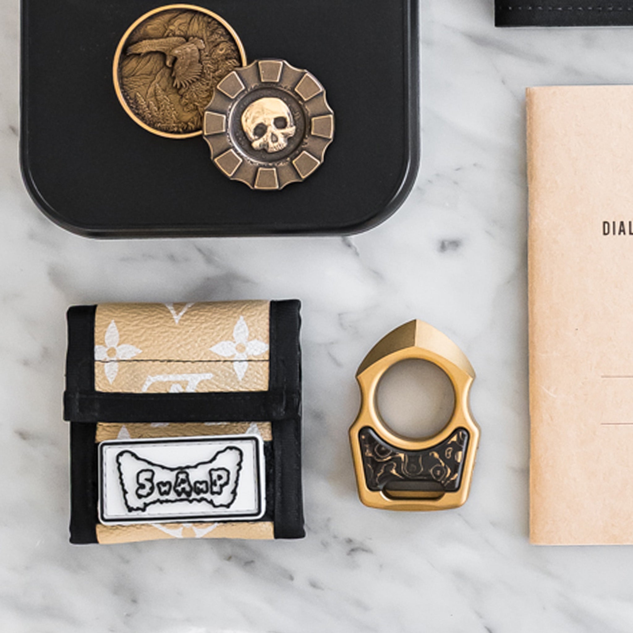 Set of Brass Custom Keychain Swampy Shark & Replaceable Carbon Fiber Gold Camo Inlay