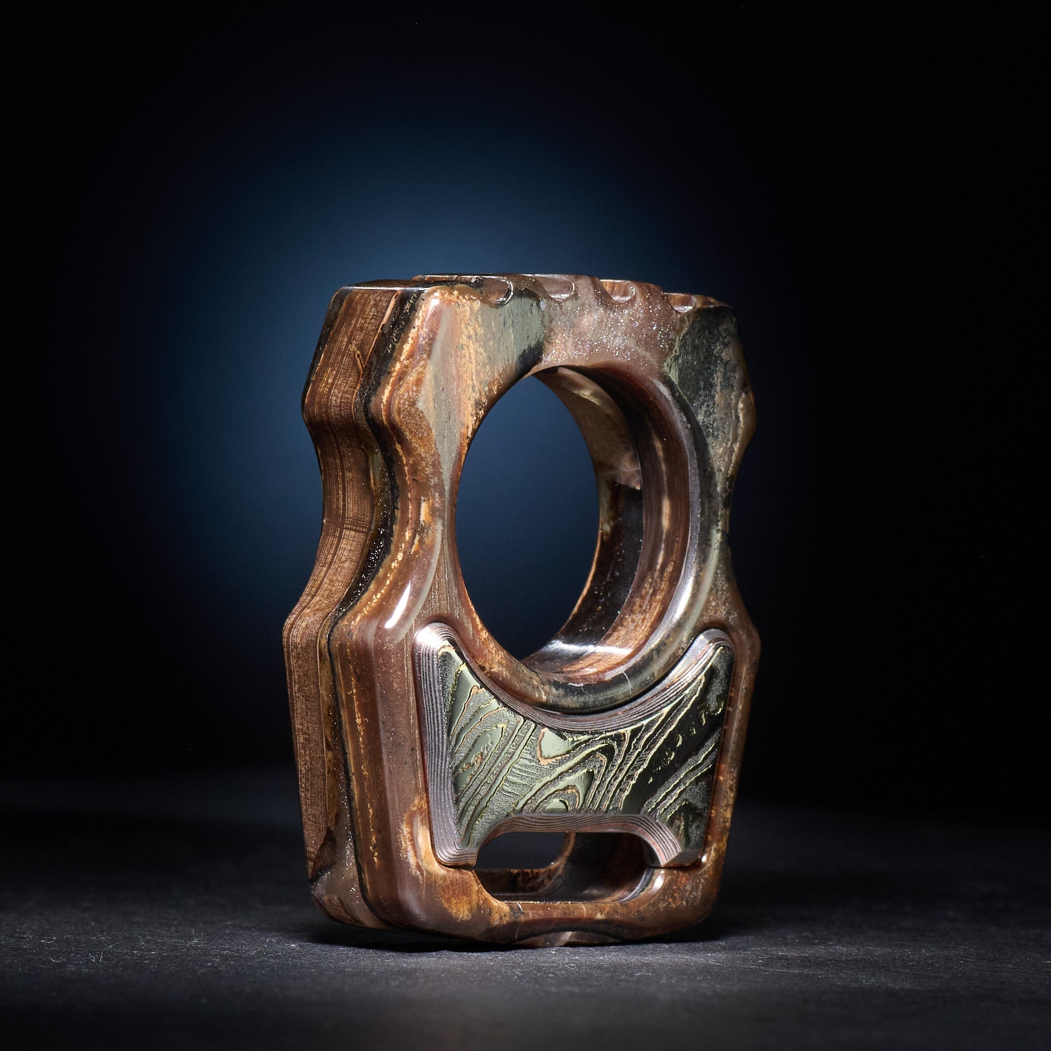 Swampy Whale Keychain — Stabilized Anancus Tusk & TigerMai Damascus Chevron Inlay