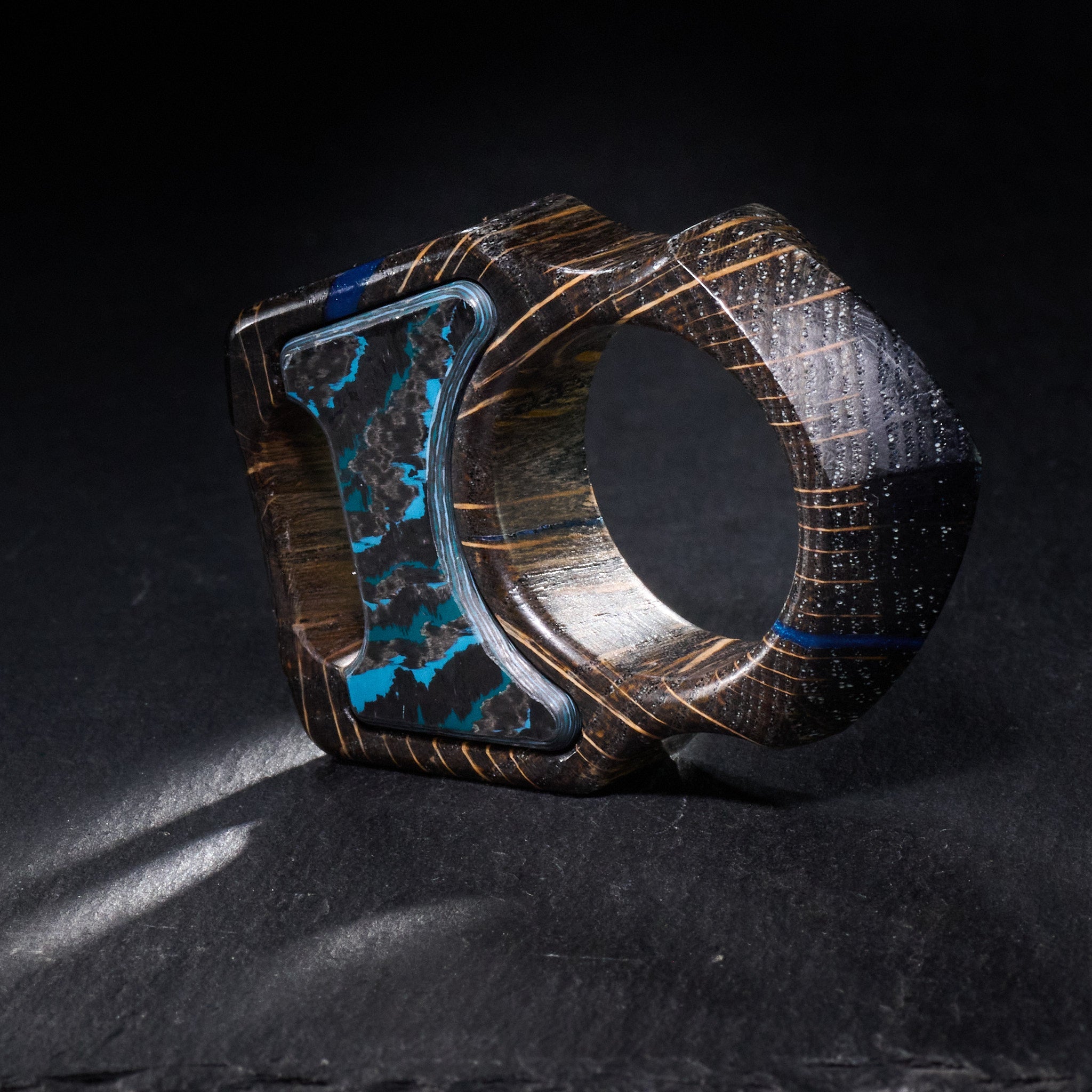 Stabilized Oak EDC Keychain Swampy Shark & Arctic Storm Carbon Fiber Inlay