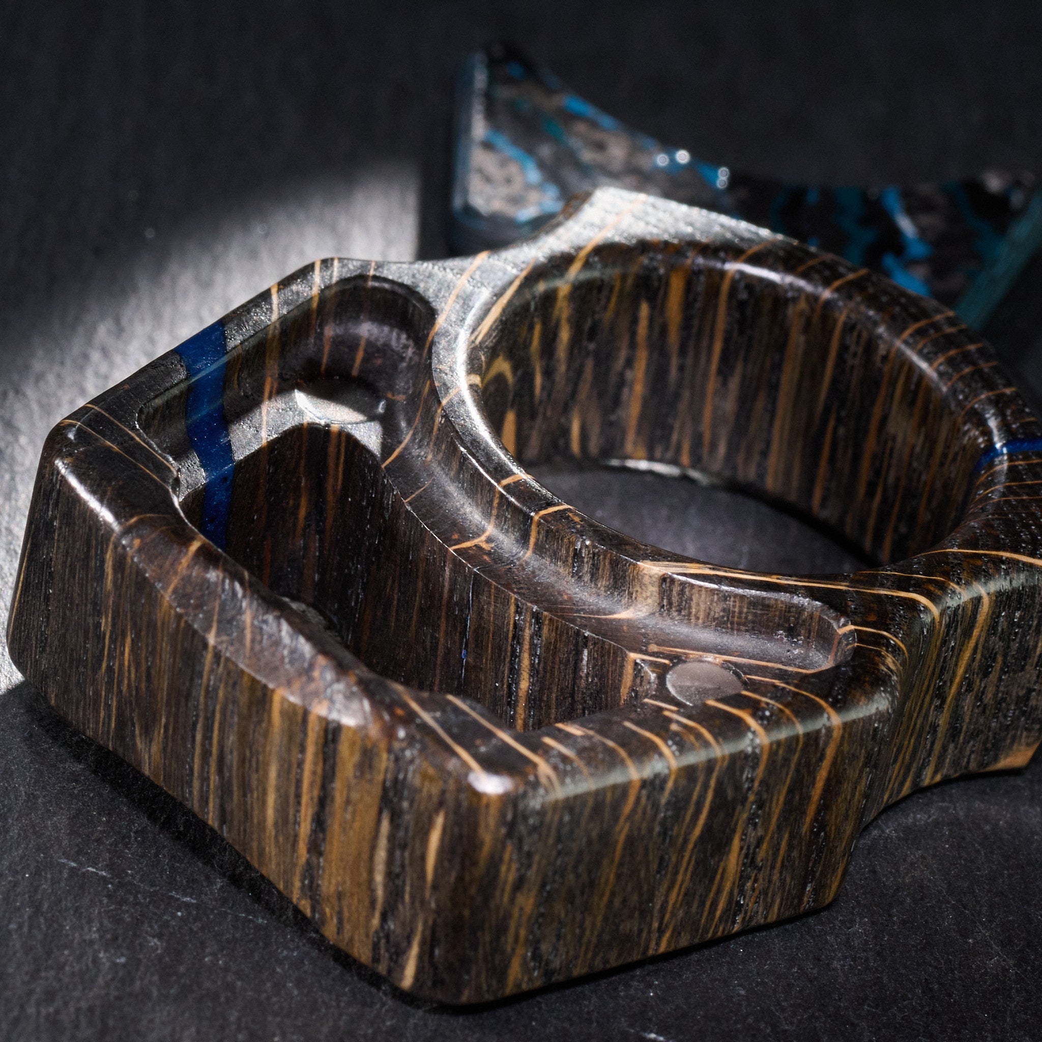 Stabilized Oak EDC Keychain Swampy Shark & Arctic Storm Carbon Fiber Inlay