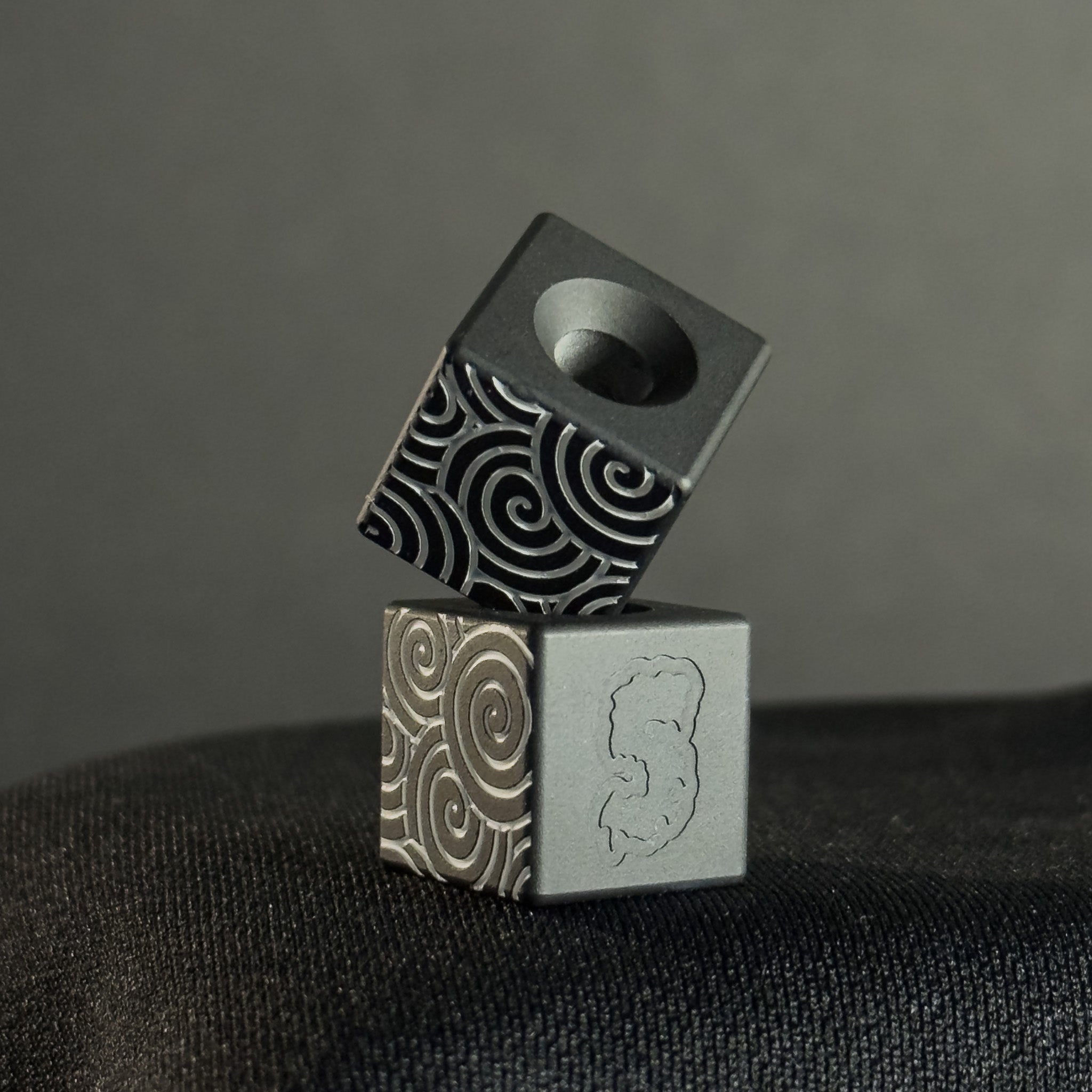 Knife Lanyard Bead — Cube, White Japanese Pattern in Armor Black Cerakote