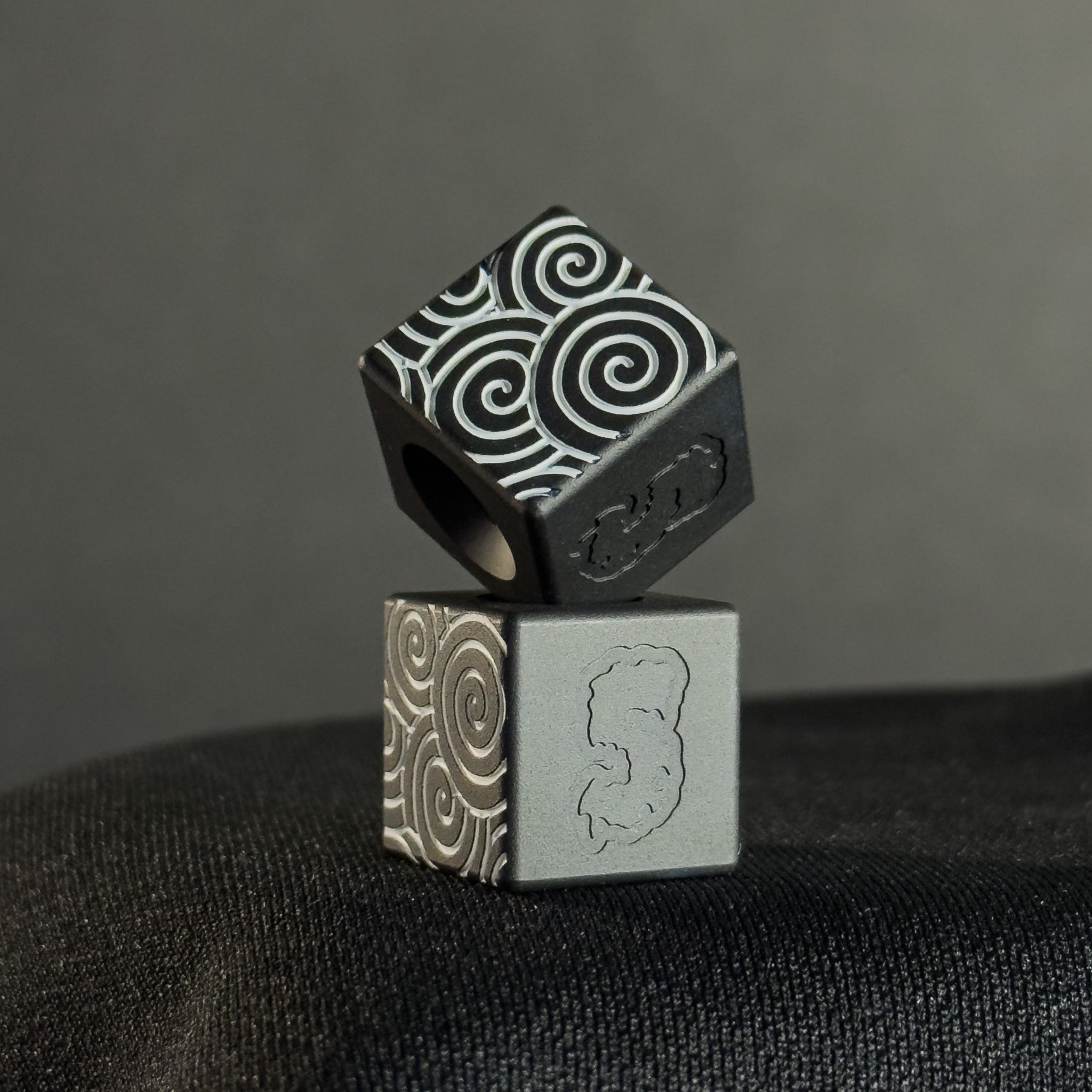 Knife Lanyard Bead — Cube, White Japanese Pattern in Armor Black Cerakote