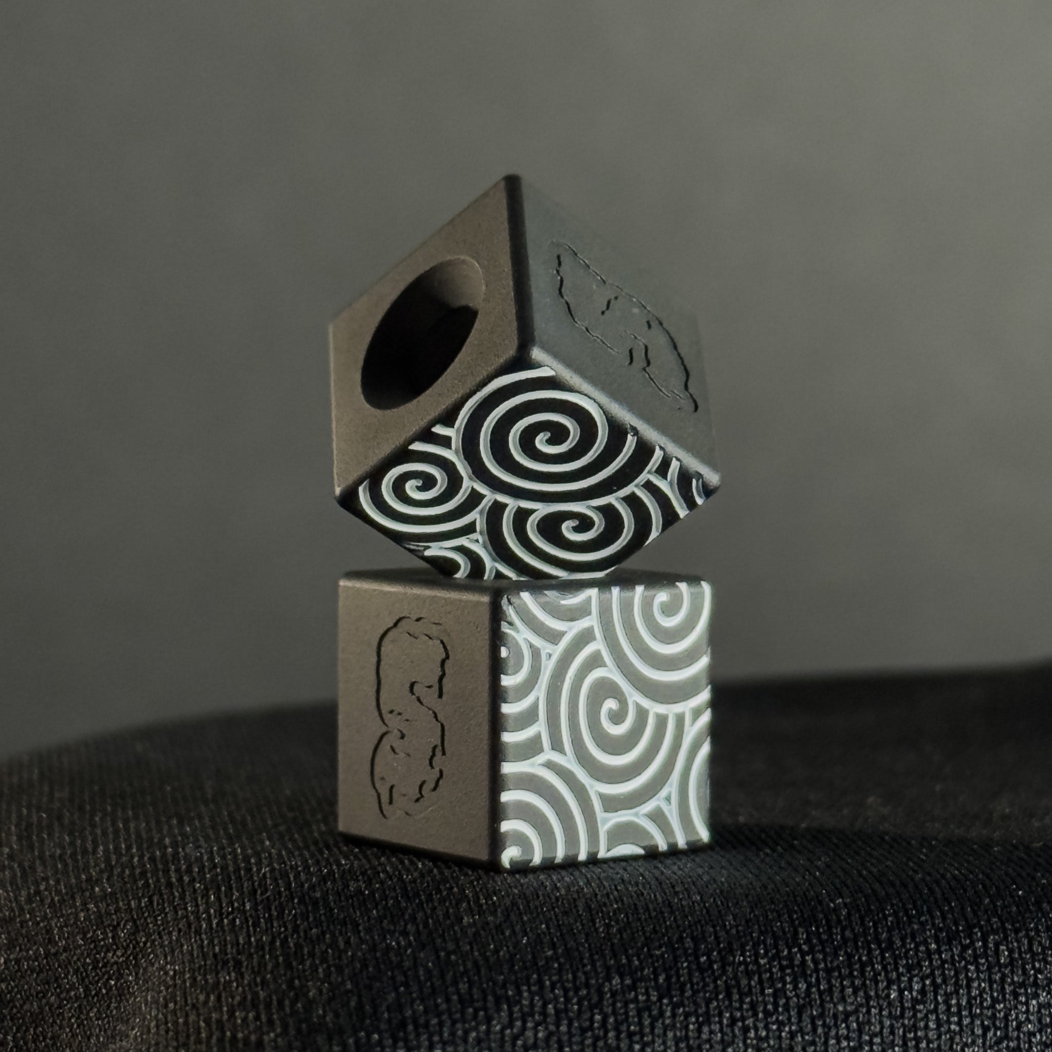 Knife Lanyard Bead — Cube, White Japanese Pattern in Armor Black Cerakote