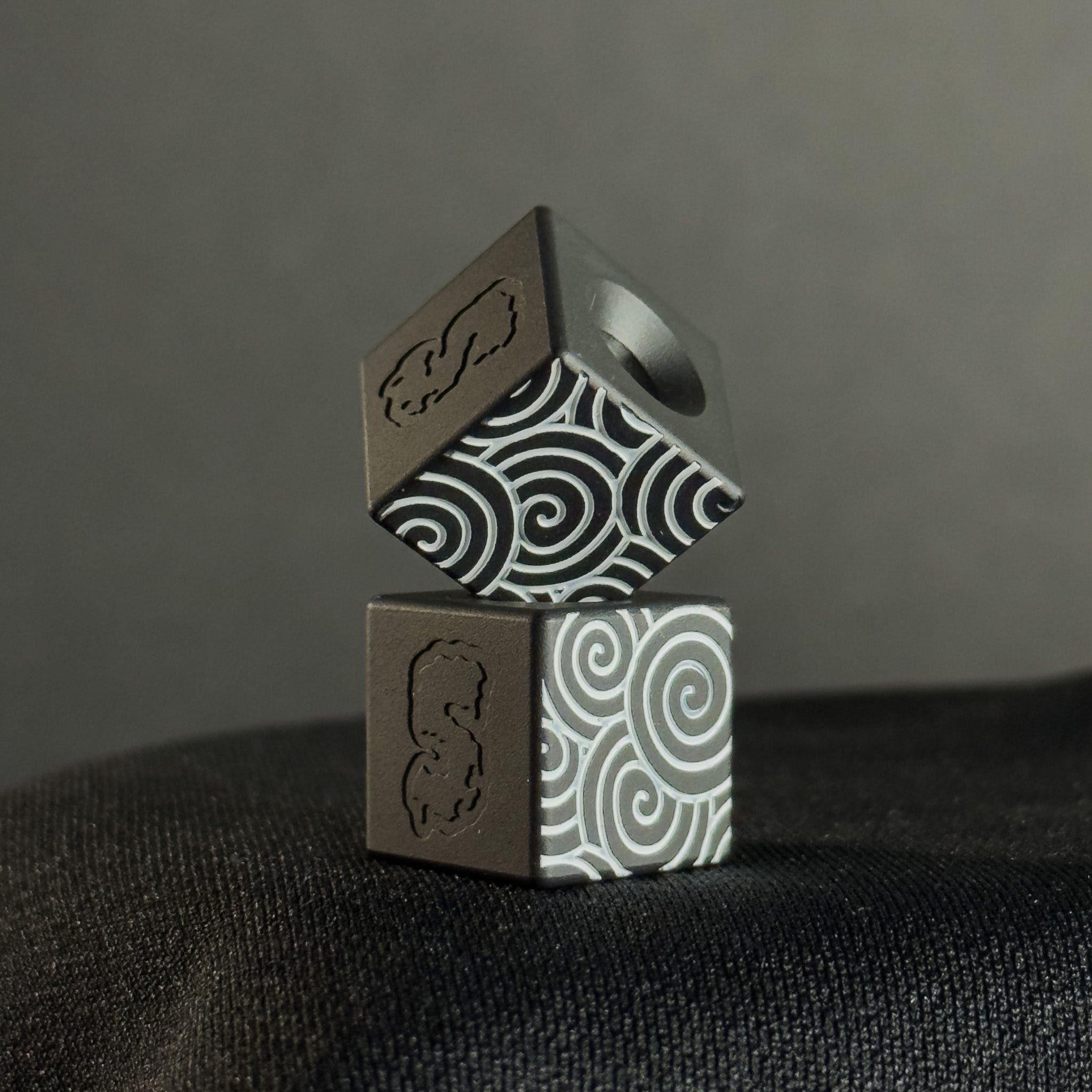 Knife Lanyard Bead — Cube, White Japanese Pattern in Armor Black Cerakote