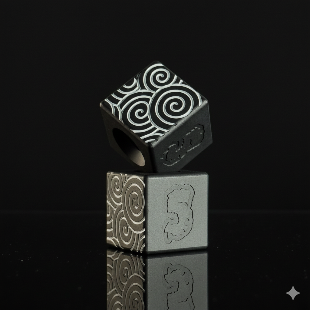 Knife Lanyard Bead — Cube, White Japanese Pattern in Armor Black Cerakote