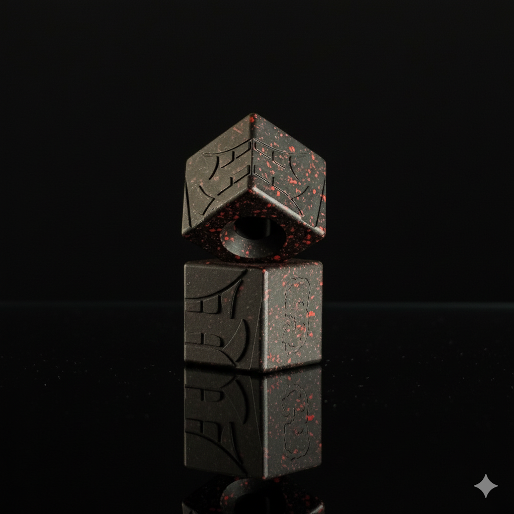 Cube Paracord Bead — Mengu Mempo Pattern in Armor Black/Red Splatter Cerakote