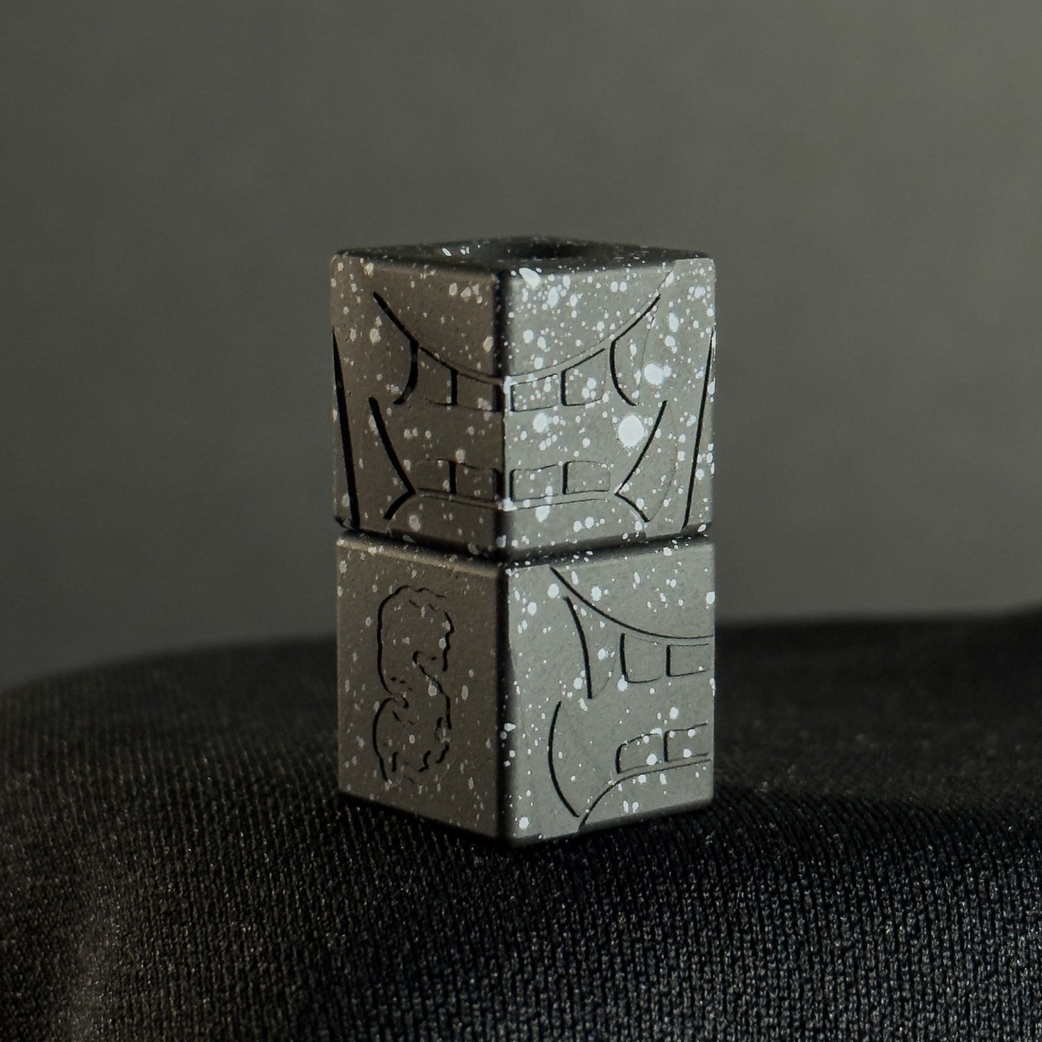 EDC Bead — Cube, Mengu Mempo Pattern in Armor Black/White Splatter Cerakote
