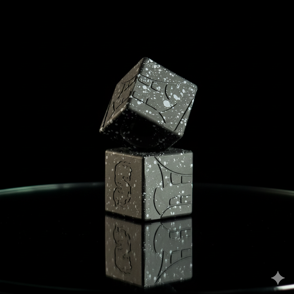 EDC Bead — Cube, Mengu Mempo Pattern in Armor Black/White Splatter Cerakote