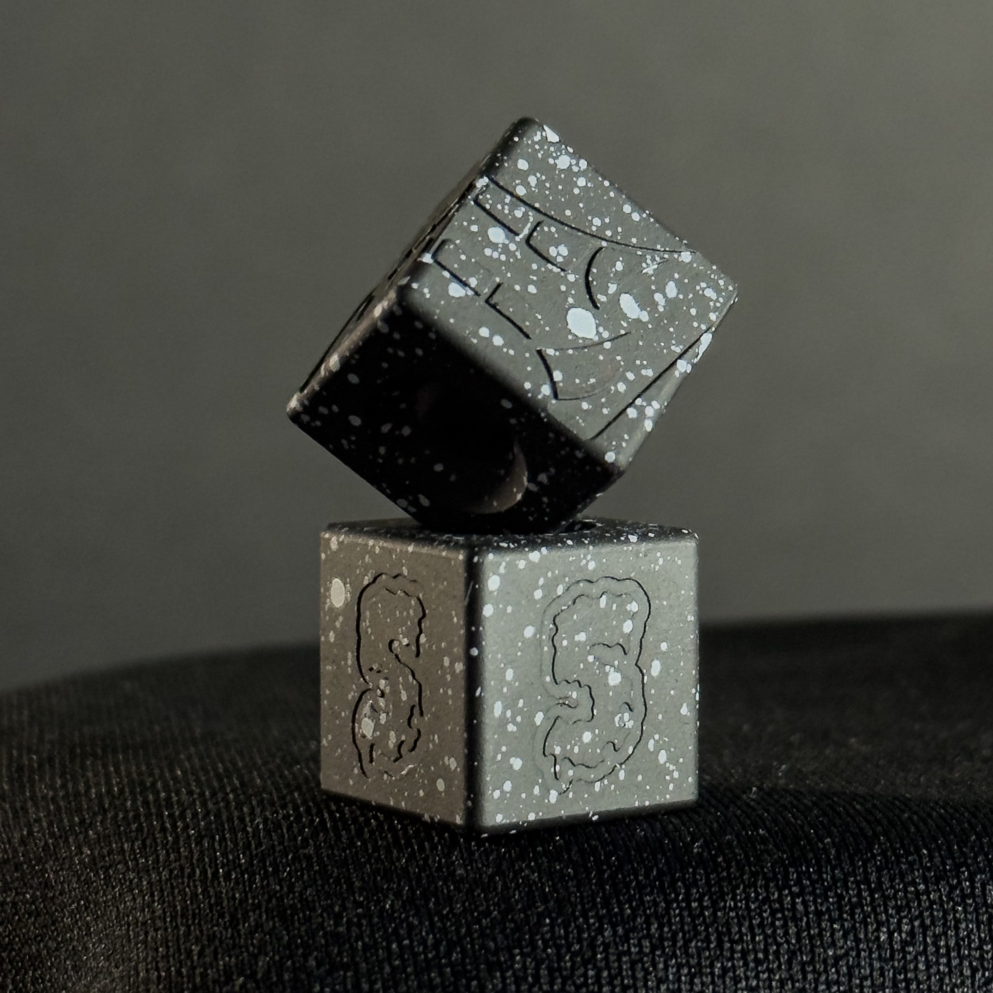 EDC Bead — Cube, Mengu Mempo Pattern in Armor Black/White Splatter Cerakote