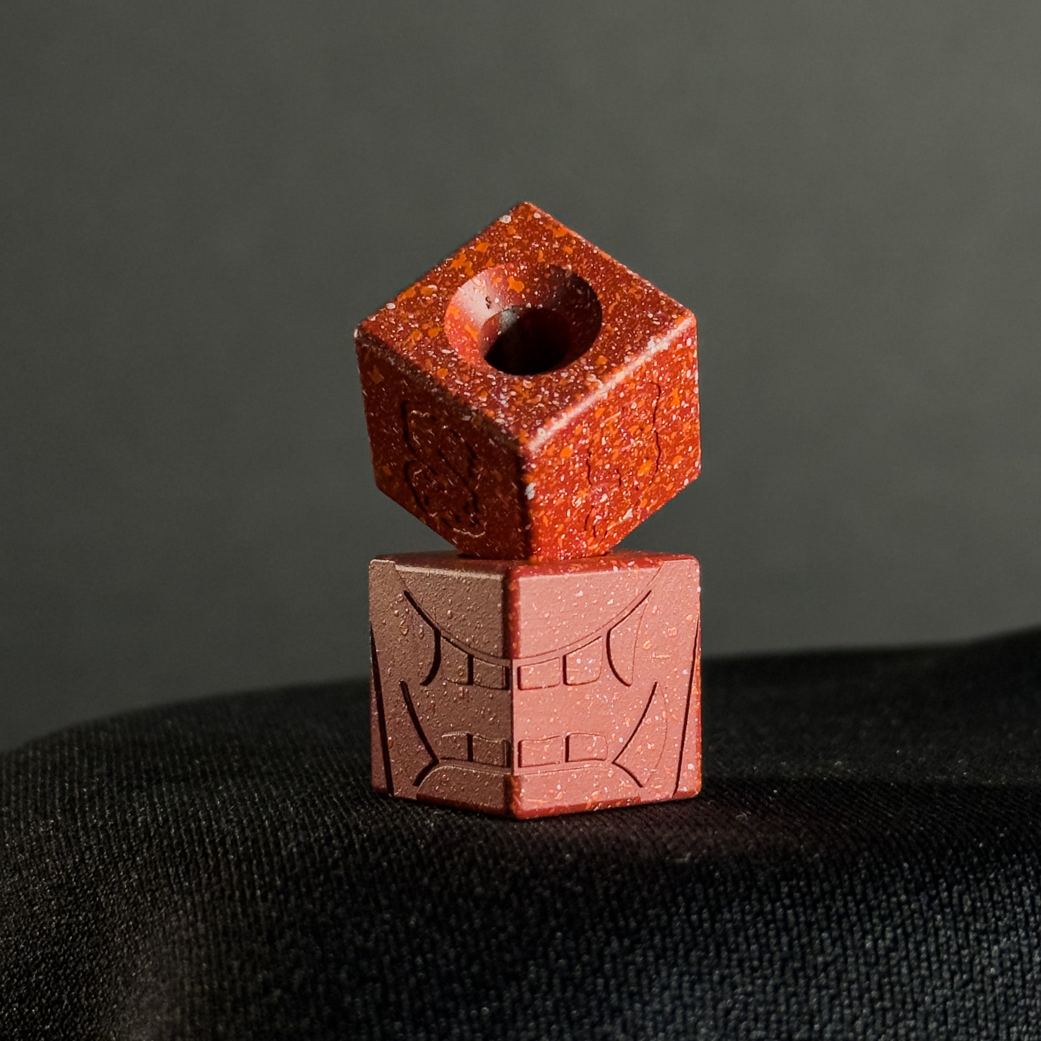 Knife Lanyard Bead — Cube, Mengu Mempo Pattern in Firehouse Red Splatter Cerakote