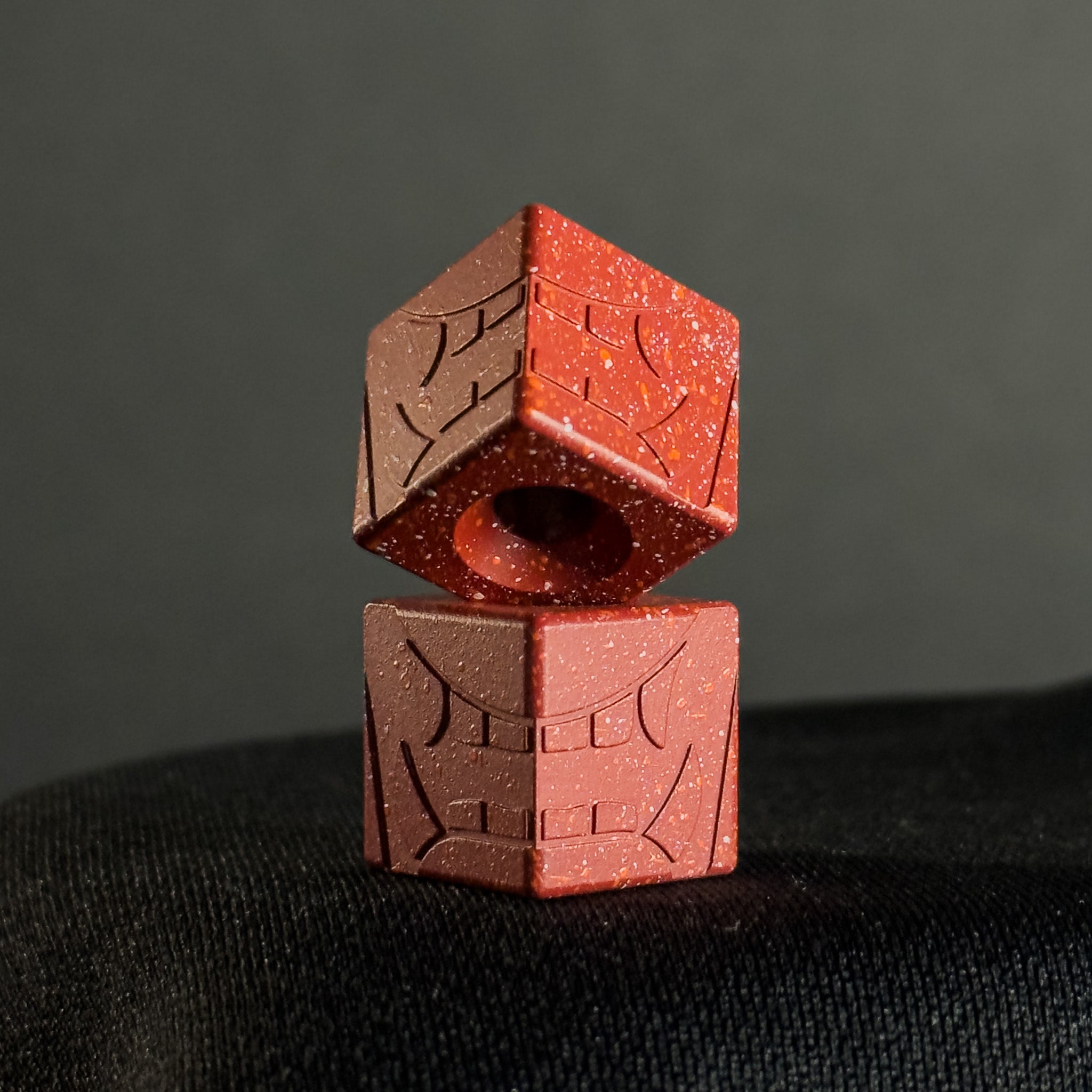 Knife Lanyard Bead — Cube, Mengu Mempo Pattern in Firehouse Red Splatter Cerakote