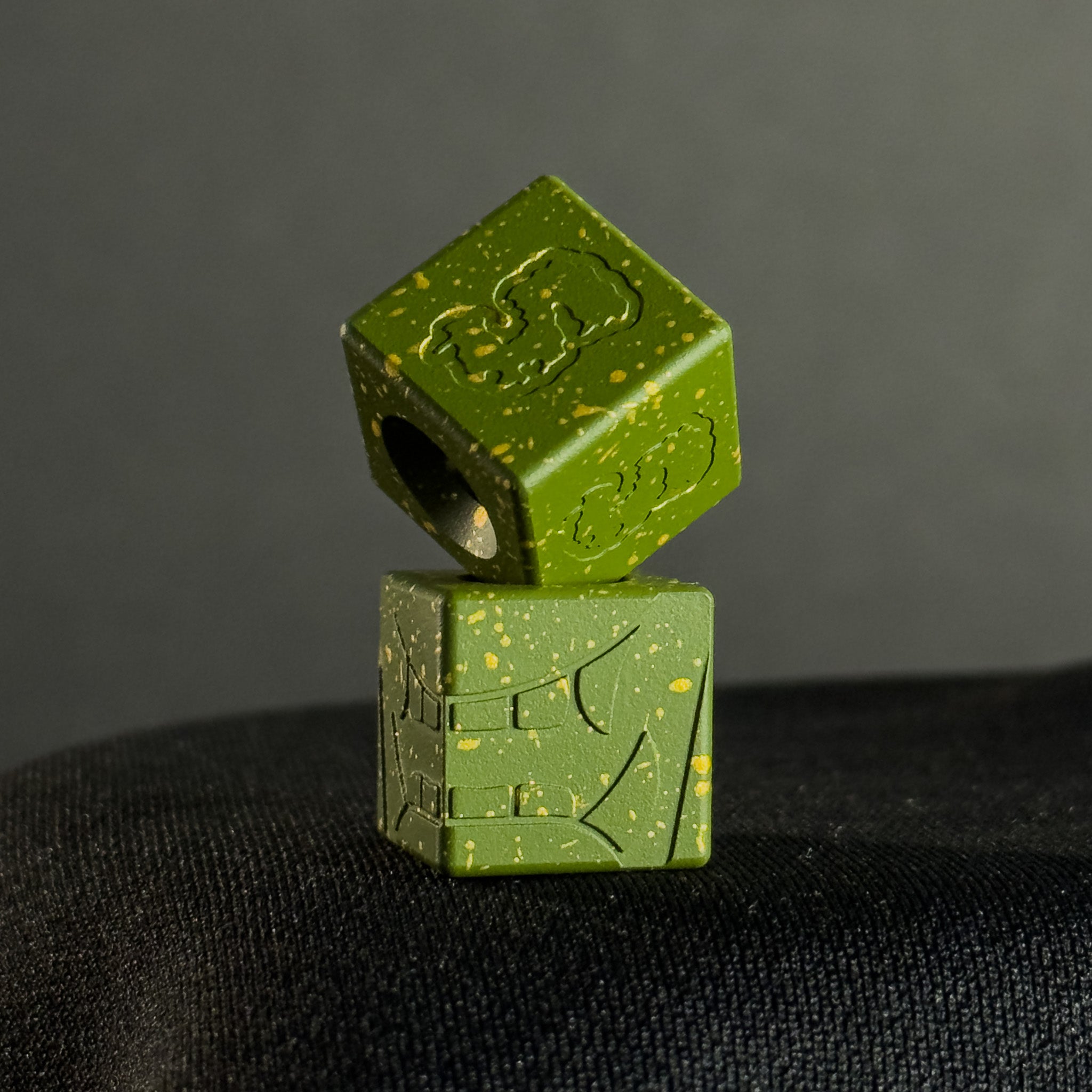 Lanyard Bead — Cube, Mengu Mempo Pattern in MultiCam Bright Green/Gold Splatter Cerakote