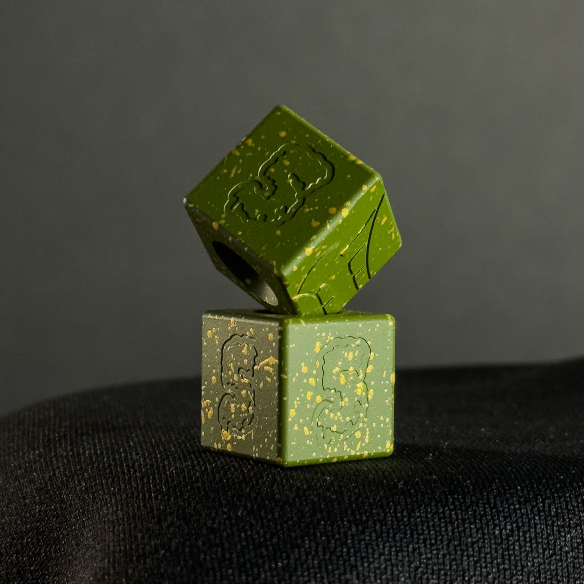 Lanyard Bead — Cube, Mengu Mempo Pattern in MultiCam Bright Green/Gold Splatter Cerakote