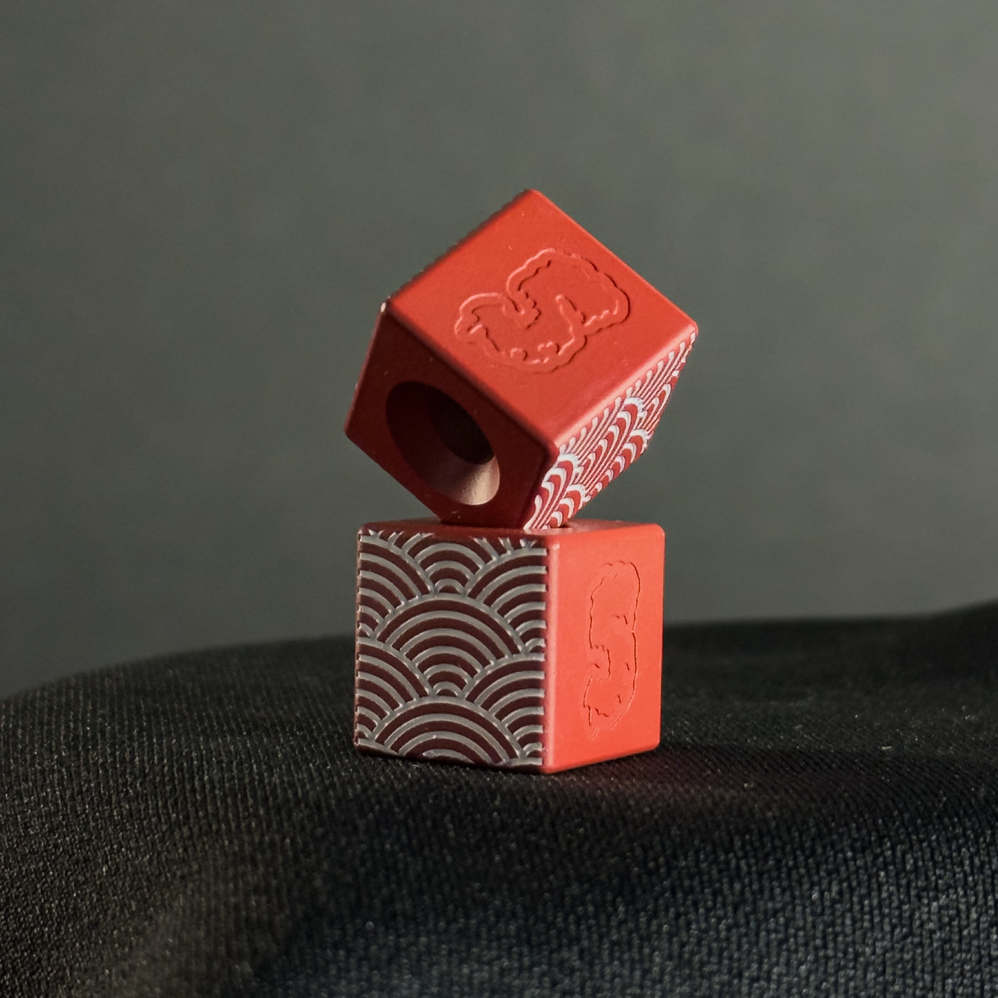 EDC Bead — Cube, White Seigaiha Pattern in Firehouse Red Cerakote