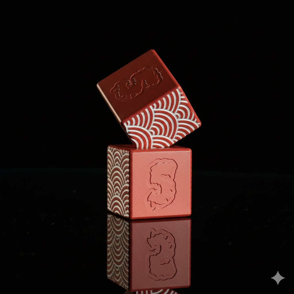 EDC Bead — Cube, White Seigaiha Pattern in Firehouse Red Cerakote