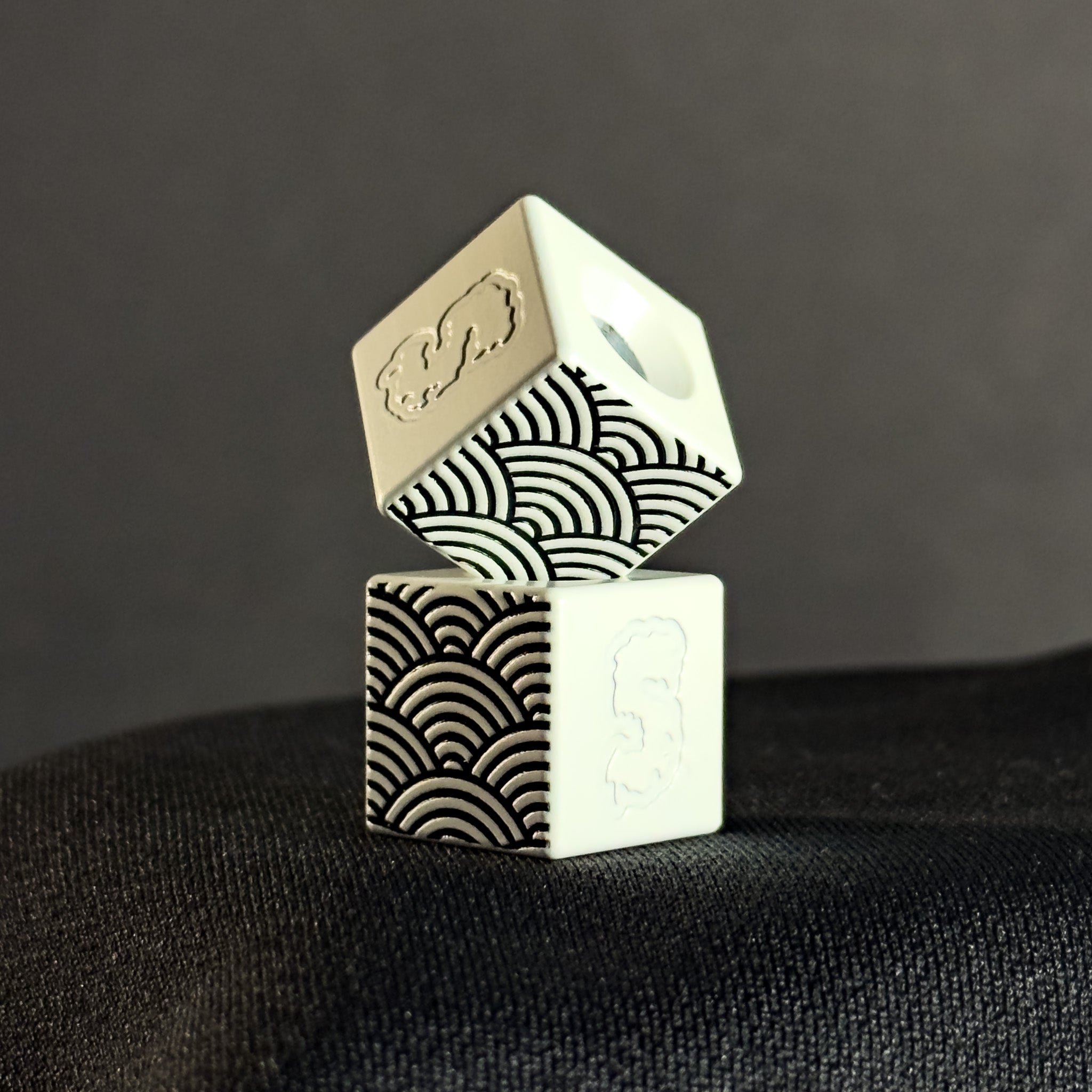 Knife Lanyard Bead — Cube, Black Seigaiha Pattern in Snow White Cerakote