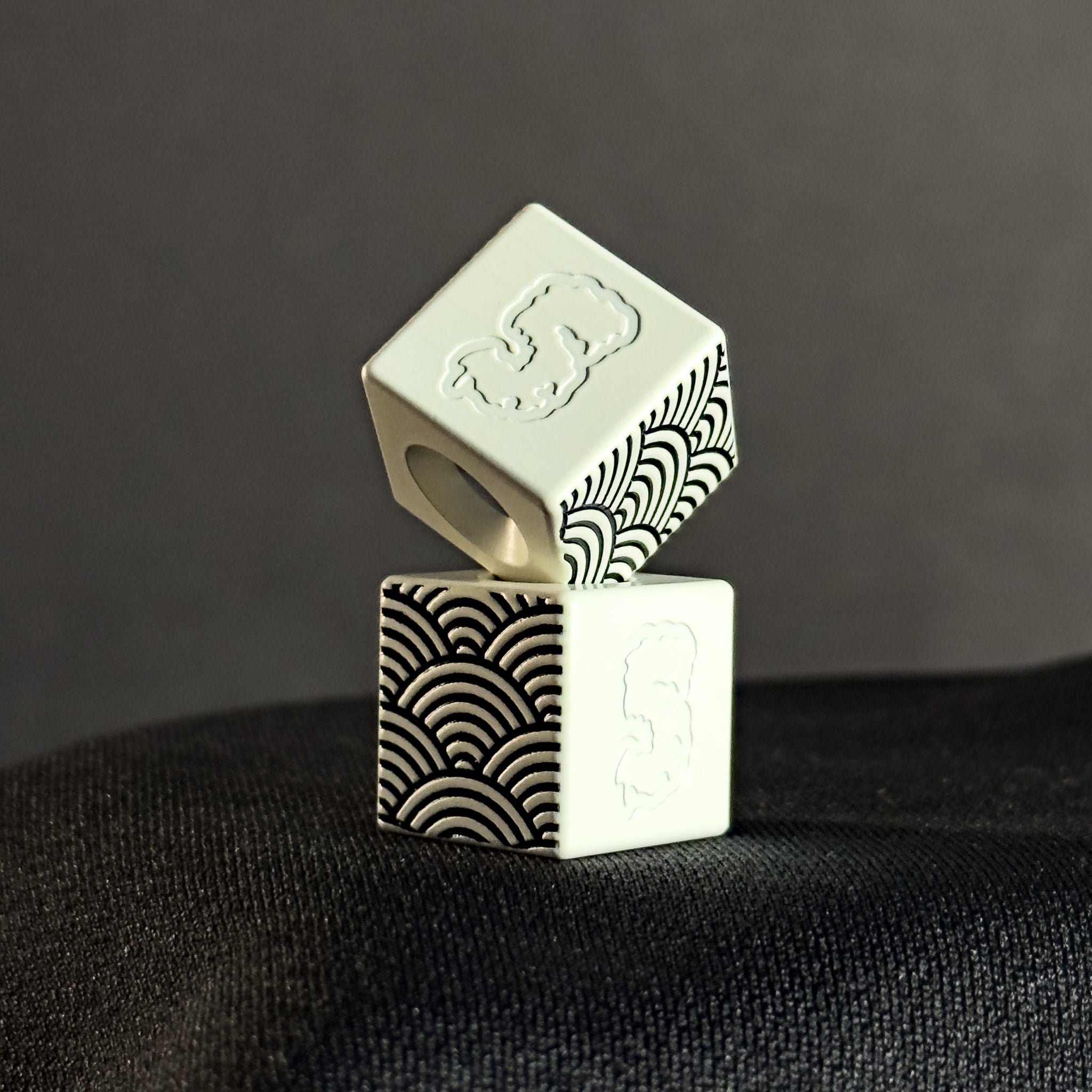 Knife Lanyard Bead — Cube, Black Seigaiha Pattern in Snow White Cerakote