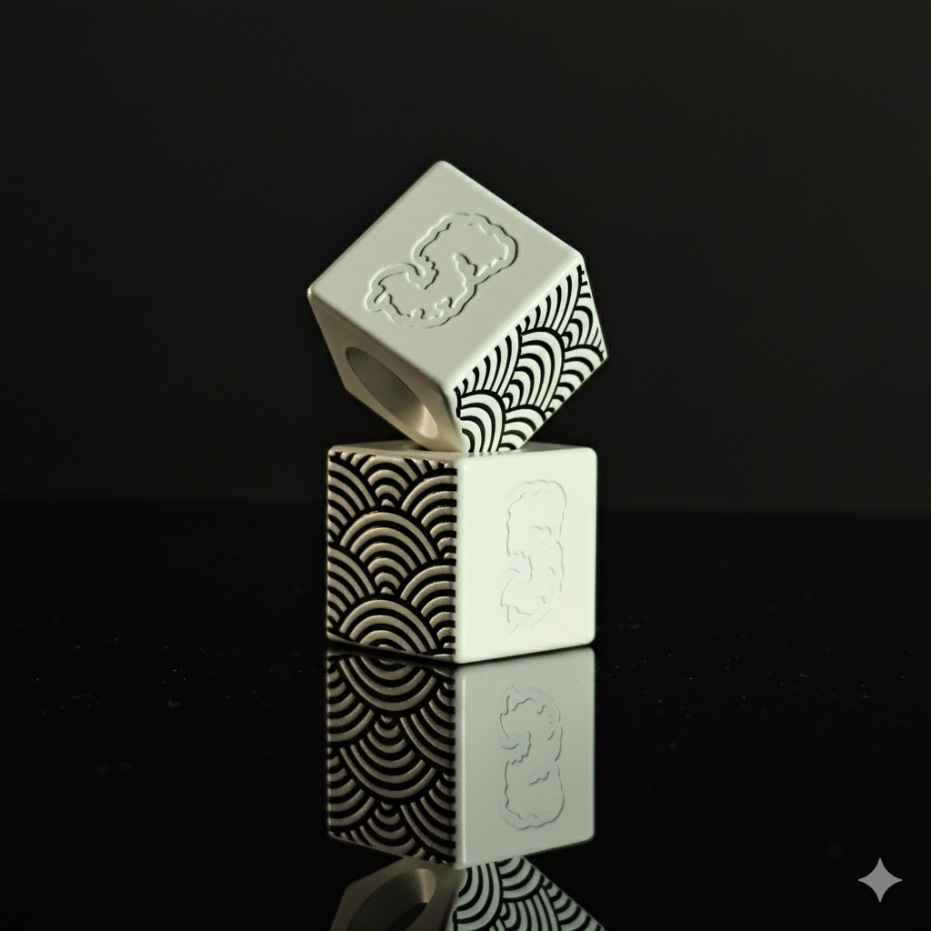 Knife Lanyard Bead — Cube, Black Seigaiha Pattern in Snow White Cerakote