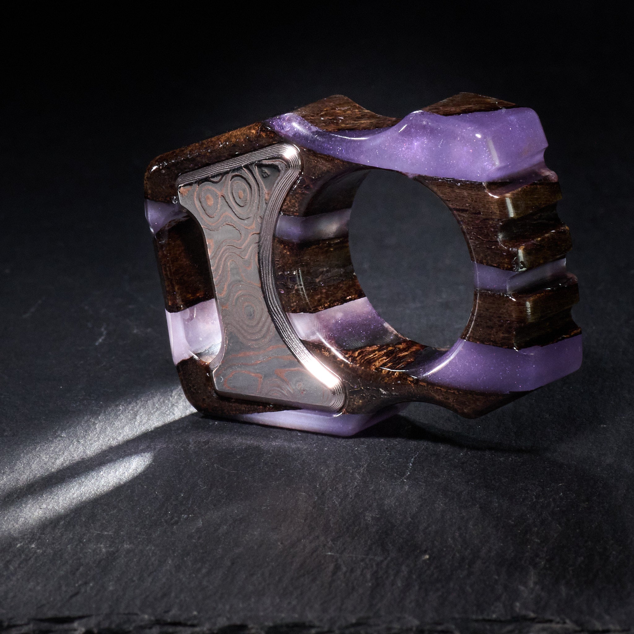 Stabilized Mammoth Bone — Swampy Whale EDC Keychain & CopperMai Damascus Raindrop Inlay