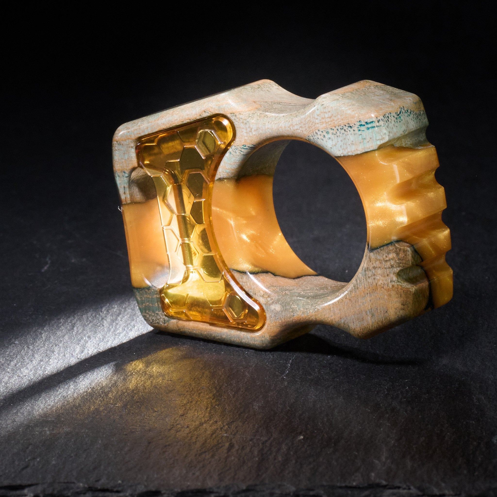 Stabilized Wood EDC Keychain – Swampy Whale with Ultem Honeycomb Mark 3 Inlay