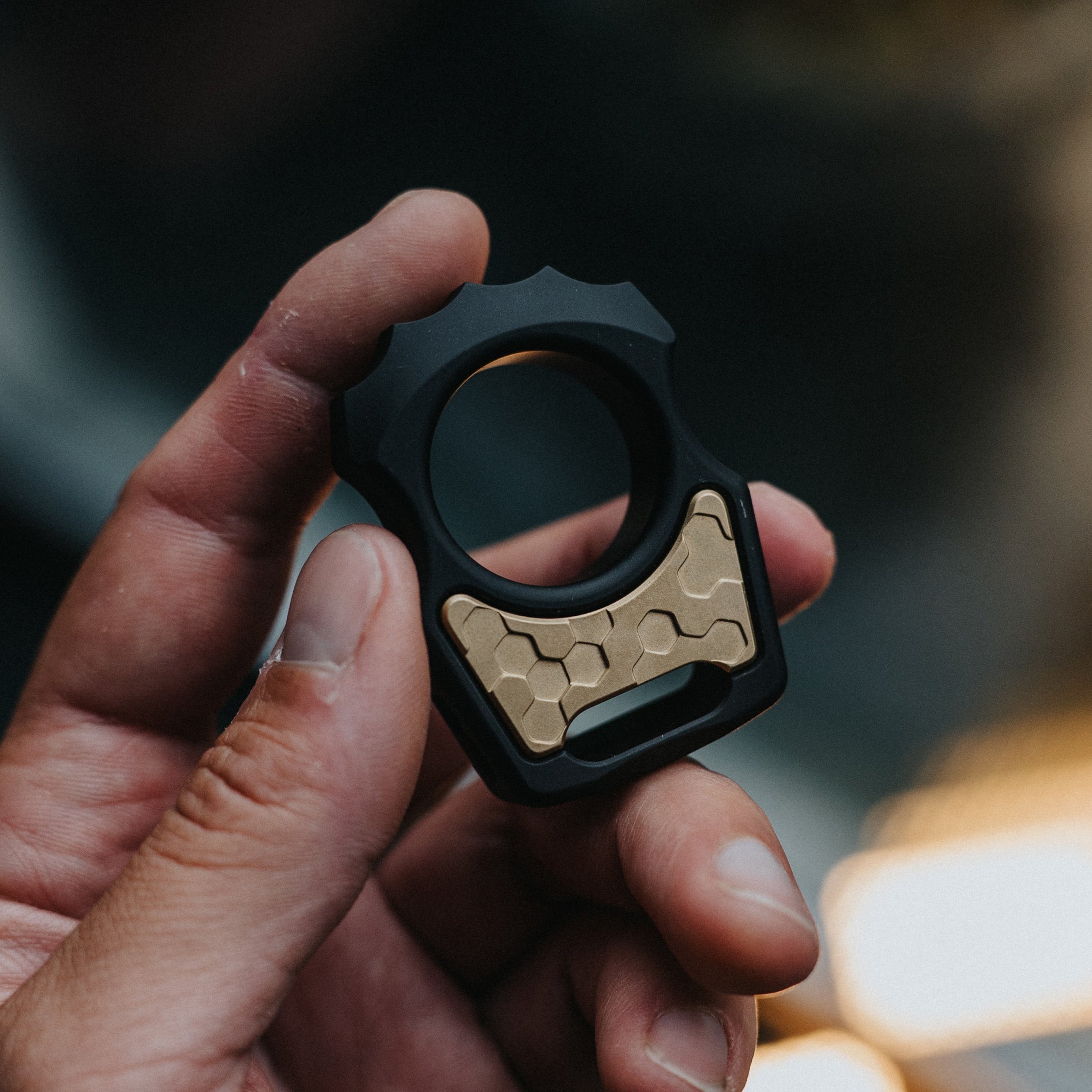 Set of Titanium EDC Keychain Swampy Alligator Cerakote Armor Black & Replaceable Brass Honeycomb Mark 2 Inlay